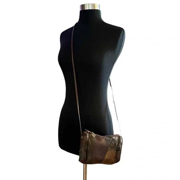 Vintage 90s leather patchwork crossbody mini bag brown - Picture 8 of 14